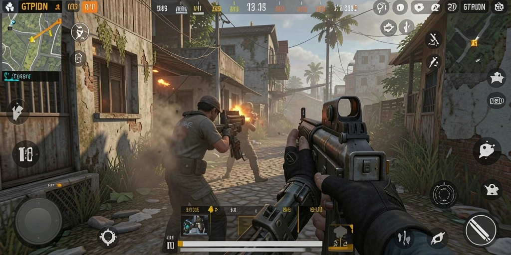 Tampilan intens gameplay GTPIDN dalam aksi FPS.