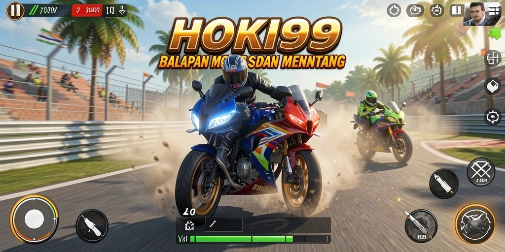 Screenshot gameplay HOKI99 menampilkan aksi balapan motor yang mendebarkan.