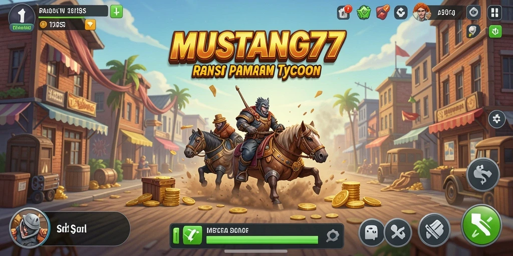 Tangkapan layar utama MUSTANG77 menunjukkan gameplay seru dalam membangun kerajaan bisnis.