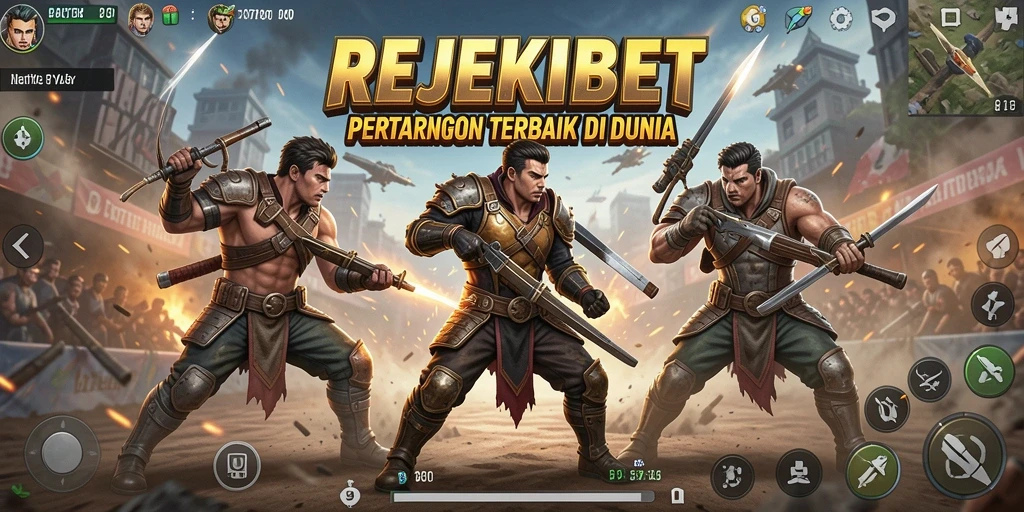 Tangkapan layar utama REJEKIBET menampilkan aksi intens dalam permainan Battle Royale.