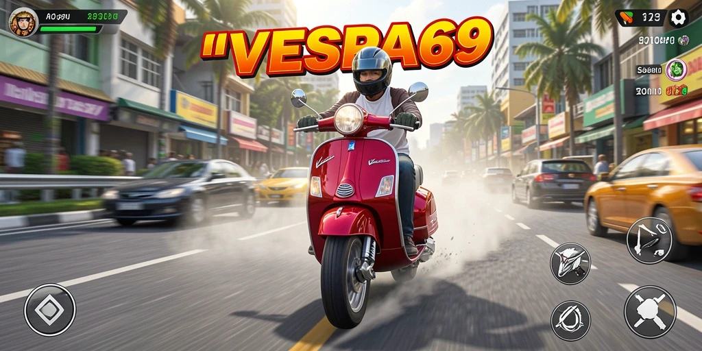 Tampilan balapan seru di VESPA69 dengan Vespa ikonik.